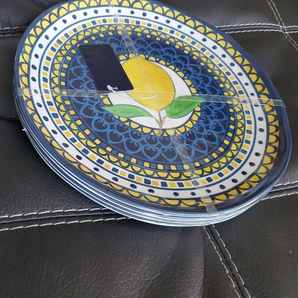 RACHEL ROY Set of 4 LEMON Melamine 11" DINNER PLATES Round NAVY YELLOW WHITE NWT - Picture 3 of 5